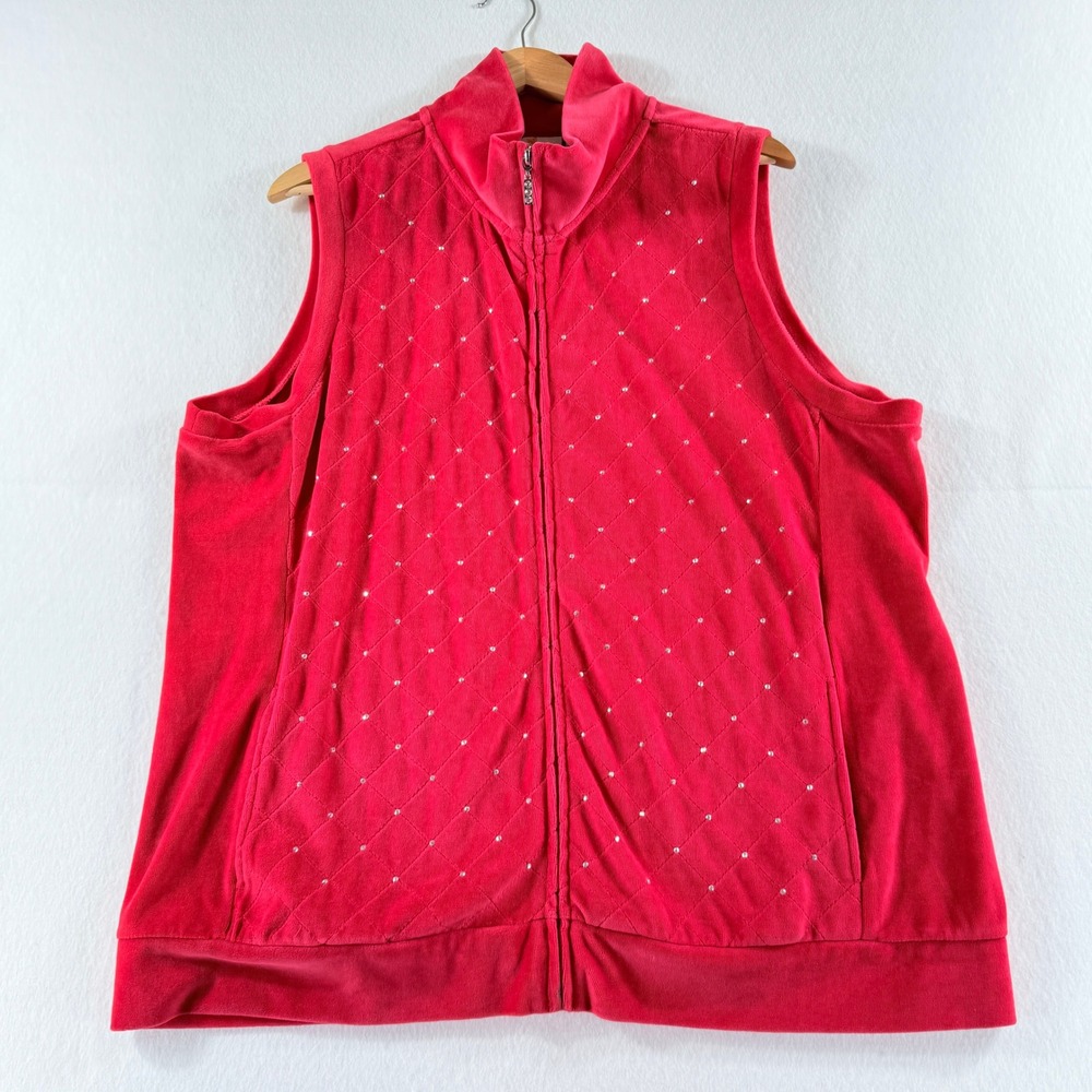 Quacker Factory Vest Womens 1X Red Velour Rhinestone Quilted Holiday‎ Glam Cozy